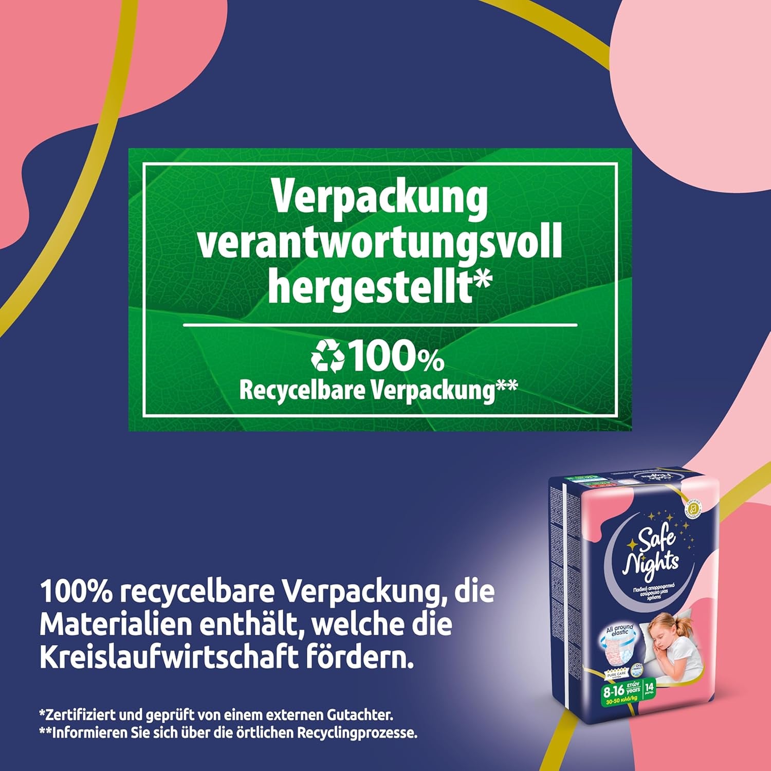 Safe Nights Girl, Dívčí 8-16 let (30-50 kg), Absorpční noční prádlo, 14 balení