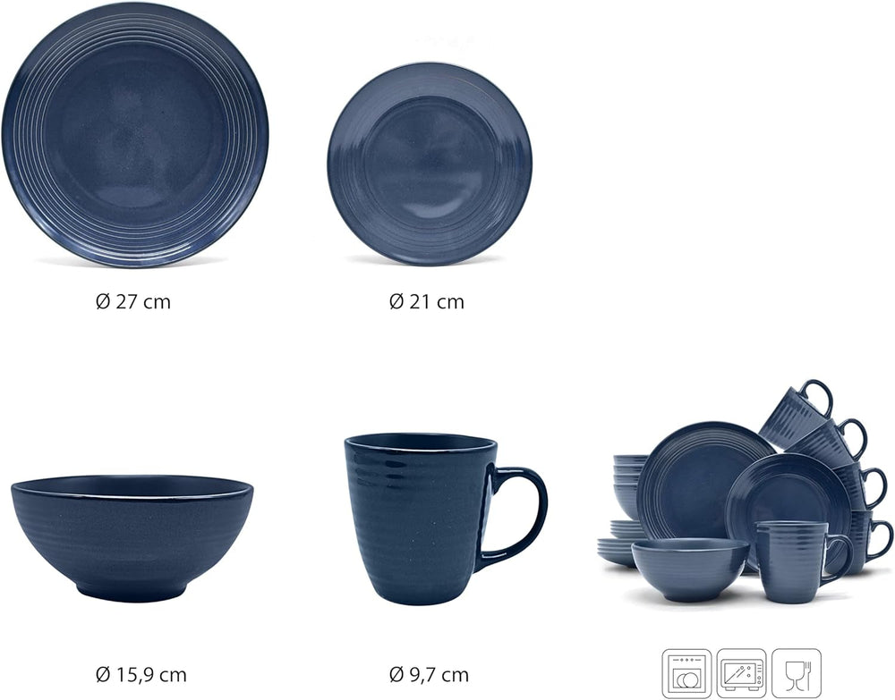 Set de veselă combinat vintage ECHTWERK „Alicia” cu 16 piese Design modern pentru 4 persoane, set elegant de veselă din gresie albastru închis cu 4 farfurii, 4 farfurii laterale, 4 boluri, 4 cești de ceai
