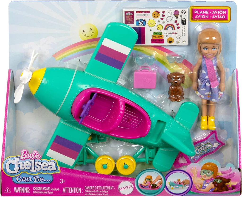 Barbie Chelsea Plane Doll And Playset - păpușă pilot, avion, mâner și accesorii pentru povești, roți de rulare și elice cu picior de floare, vârsta 3+, HTK38 Papusi Naty Shop
