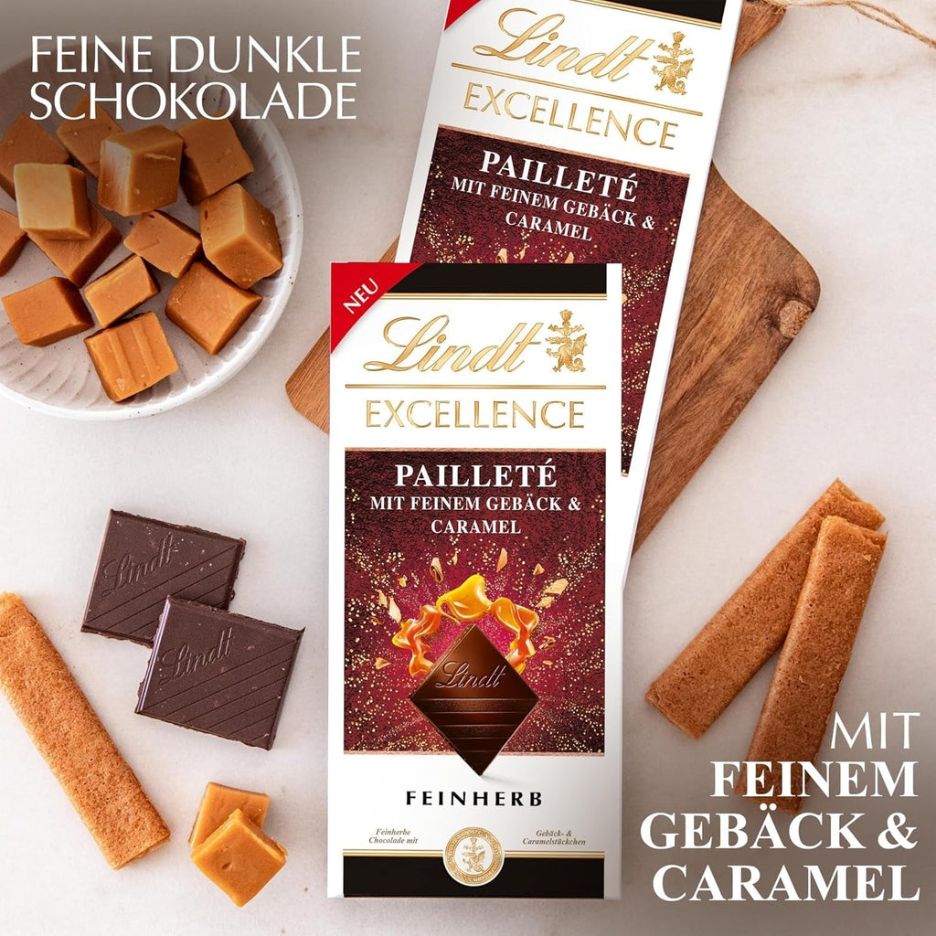 Lindt EXCELLENCE Pailleté Biscuits & Caramel - Ciocolată fină cu tartă, 100 grame Bomboane de Ciocolata Naty Shop