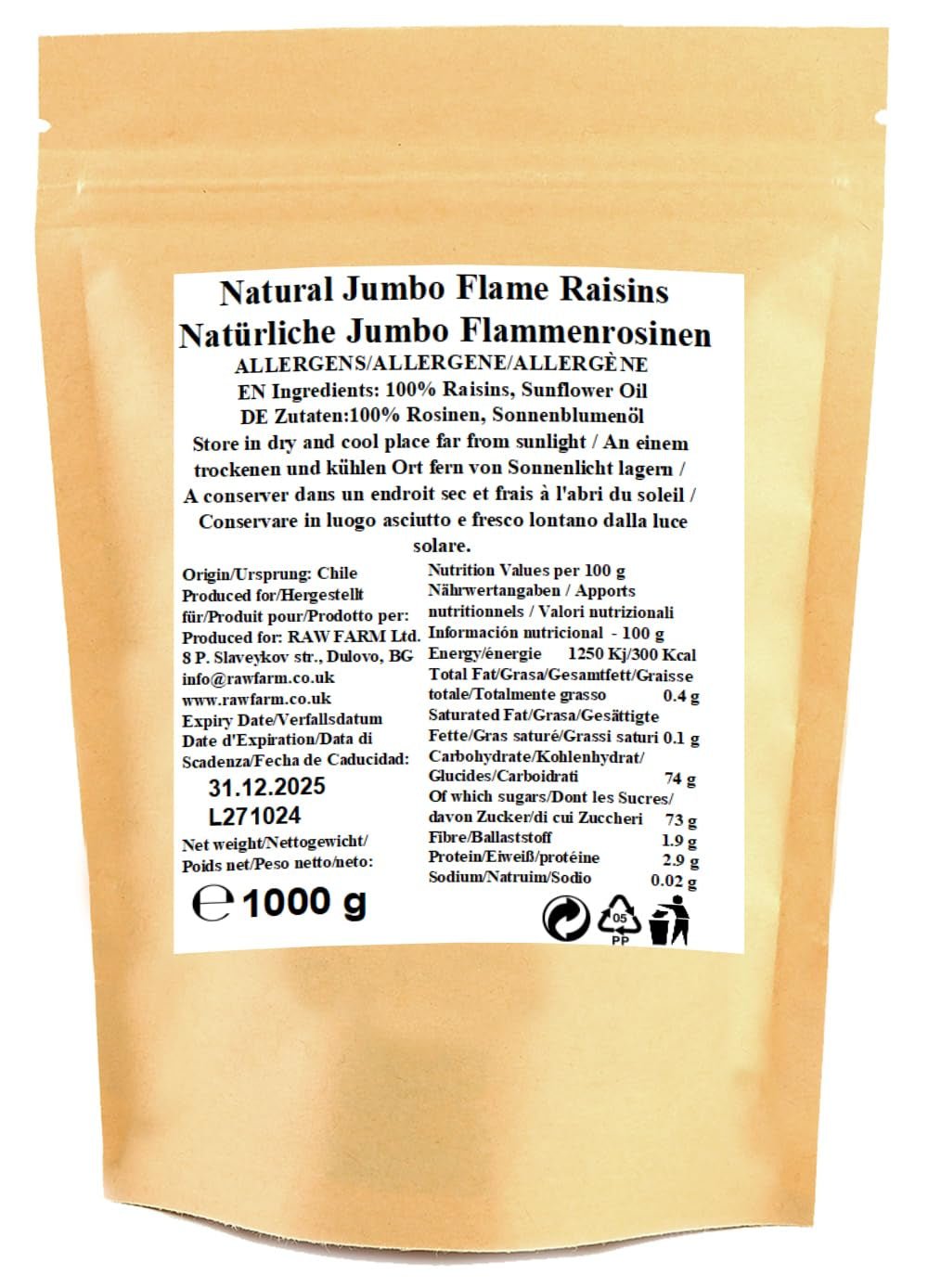 1 kg sultane Jumbo Flame crude, fructe întregi, fără gluten, soia, fără zahăr adăugat, fără conservanți, fără îndulcitori, cu ulei de floarea soarelui Produse deshidratate Naty Shop