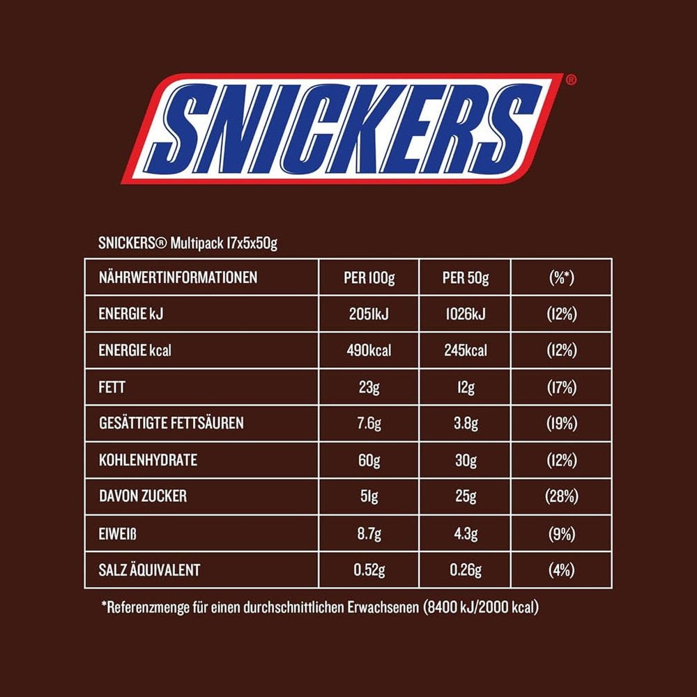 Snickers Čokoládová tyčinka Arašídový karamel 5 tyčinek | Fotbalová svačina | (1 x 5 x 50 g)