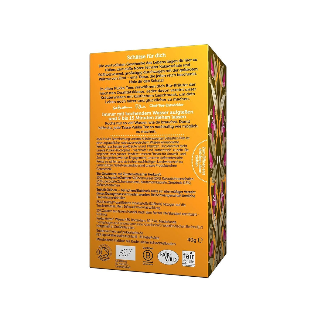 Set de ceai Pukka, ceai cu condimente bio „Cacao Chai”, cacao, scorțișoară, cardamom, rădăcină de cicoare, pentru momente de relaxare, pachet de 4, 80 pliculețe de ceai