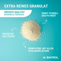 BAYROL e-pH-Minus granule 6 kg - rychle a efektivně redukuje nadměrně vysoké hodnoty pH v bazénech - snadné dávkování přímo do vody - včetně dávkovače - reduktor pH - úprava pH pro bazény