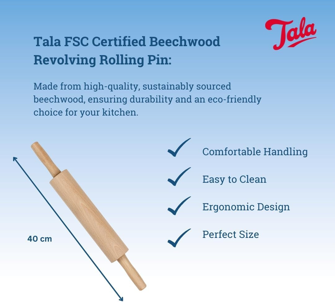 Tala Teigroller aus Buchenholz – Drehbares Nudelholz mit Griffen, glatte Oberfläche, odolný a leicht zu reinigen – Perfekt für Teig, Gebäck, Brot & Pizza – FSC-zertifiziertes Holz