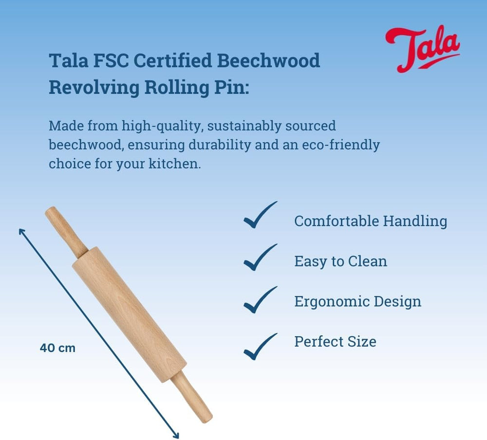 Tala Teigroller aus Buchenholz – Drehbares Nudelholz mit Griffen, glatte Oberfläche, odolný a leicht zu reinigen – Perfekt für Teig, Gebäck, Brot & Pizza – FSC-zertifiziertes Holz