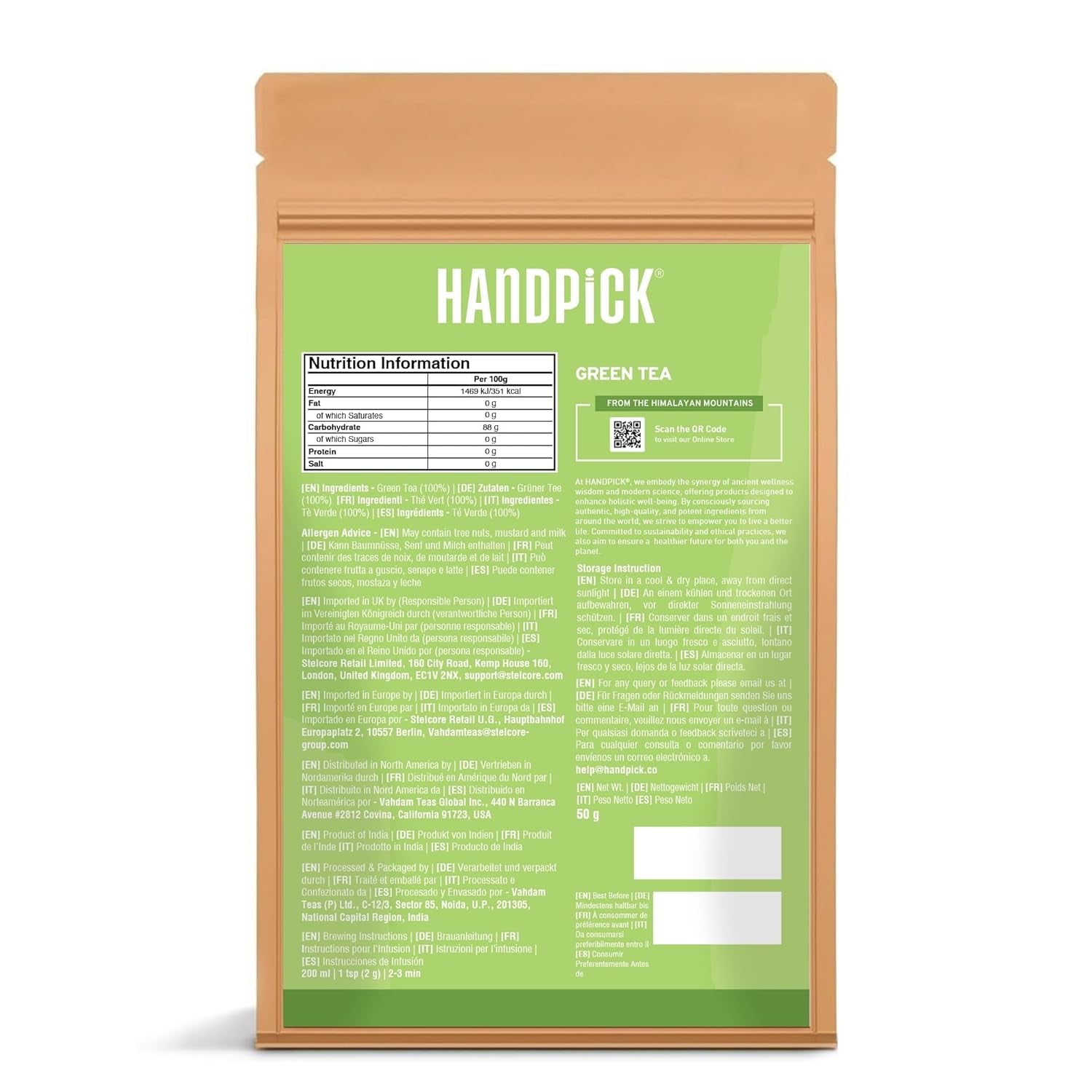 HANDPICK, pliculețe de ceai verde - 25 bucăți | 100% frunze de ceai verde pur din Himalaya, India | Plicuțe de ceai verde ecologice, preparare la cald sau rece