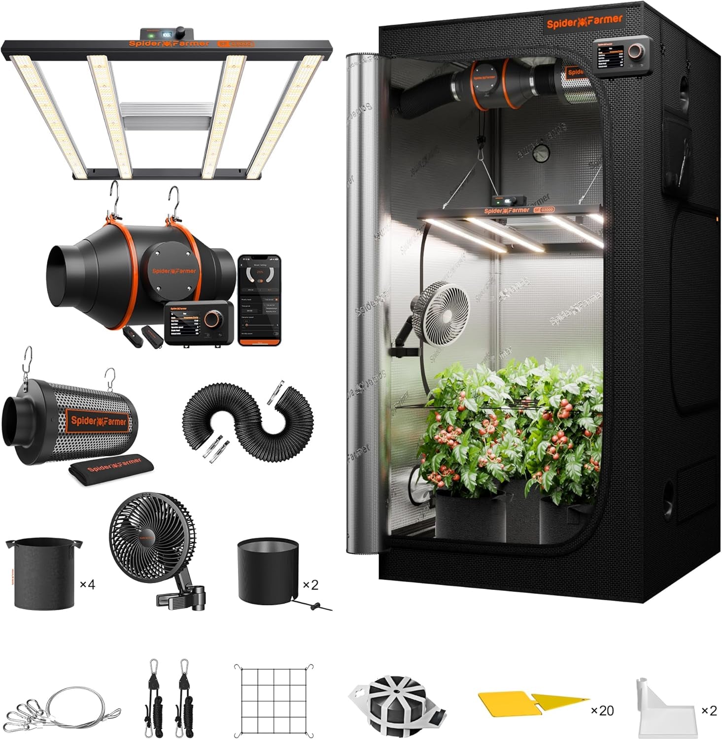 Spider Farmer SF1000 Full Spectrum Stmívatelné LED růstové světlo, Dioda Samsung LM301H EVO, 70x70x160cm sada Full Grow stanu, sada hydroponického pěstebního stanu, ventilační systém
