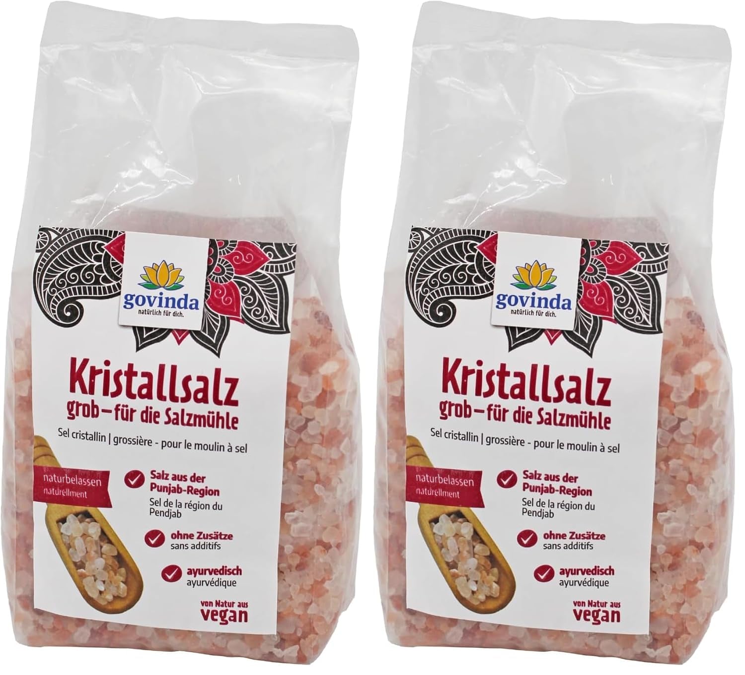 Govinda Kristallsalz - hrubý (1kg) | 250 milionů let alt | Salz aus der Panjab-Region | 100% přírodní krása & ohne Zusätze | Ájurvédské | Vegan | Ideální pro mlýn na sůl