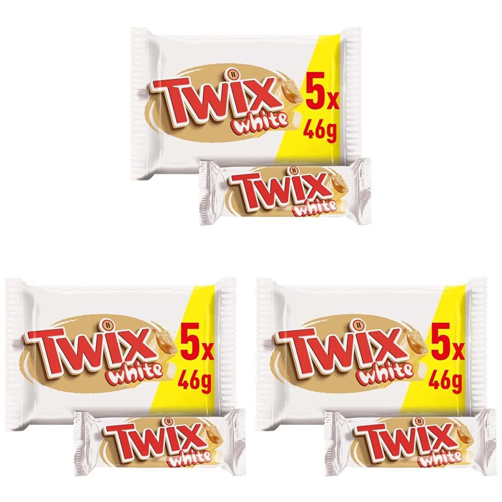 Twix bílé čokoládové tyčinky; karamel, sušenky, bílá čokoláda; více balení čokolády; 5 tyčinek (5 x 46 g)