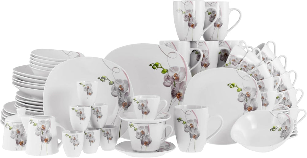 Creatable, 22536, Serie Square Orchidee, 62-Teiliges Geschirrset Für 6 Personen, Kombiservice Aus Porzellan, Spülmaschinen- Und Mikrowellengeeignet, Qualitätsproduktion Seturi vesela masa Naty Shop Kombiservice 62 Tlg.