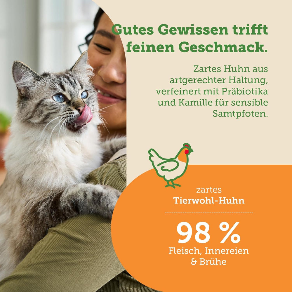 Hrană umedă pentru pisici MERA Cats Nature Sensitive cu pui 12x85g | Mono-proteină, fără zahăr și fără cereale | Conținut ridicat de carne și hrană umedă ușor digerabilă pentru pisici