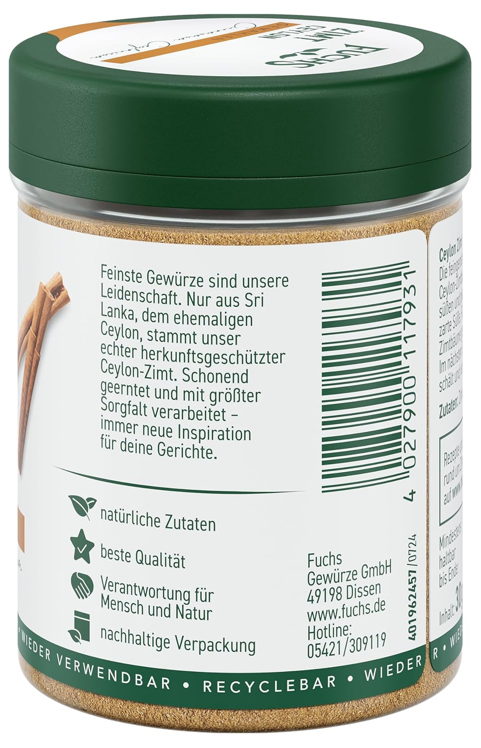 Fuchs Gewürze - Zimt Ceylon gemahlen | Aus natürliche Ingredient | 30 g v wiederverwendbarer, recyclebarer Streudose