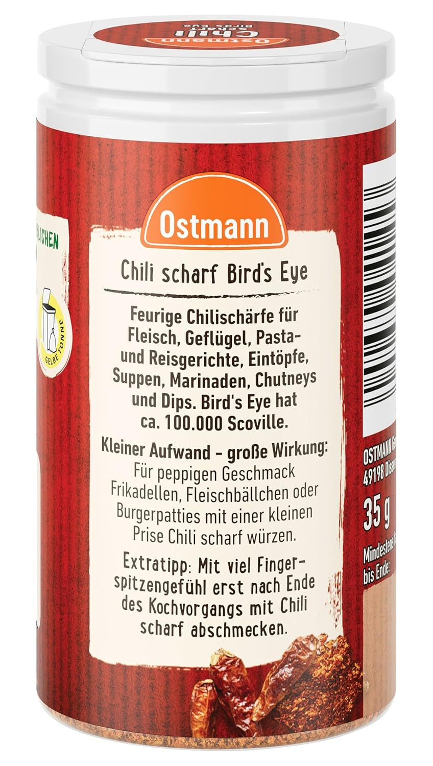 Ostmann Gewürze - Chili scharf Bird's Eye | Féurige Scharfe für Fleischgerichte und Eintöpfe | 35 g v Der Streudose