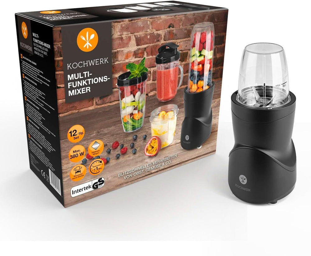Smoothie Maker 12-Tlg | To-Go Deckel & 4 Mixbehälter | Für Obst, Gemüse & Nüsse | Myth Ice-Crush Funktion | Mini-Standmixer Zum Mixen, Rühren, Zerkleinern, Mahlen, Hacken & Pürieren | Kuchyně Naty Shop bez BPA