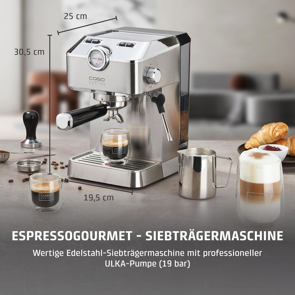 Caso Espresso Gourmet - Espressor portafiltru din oțel inoxidabil, pompă Ulka puternică de 19 bari, cu spumator de lapte, pentru cafea măcinată sau capsule de cafea ESE, pentru 2 cești, cu încălzitor de cești