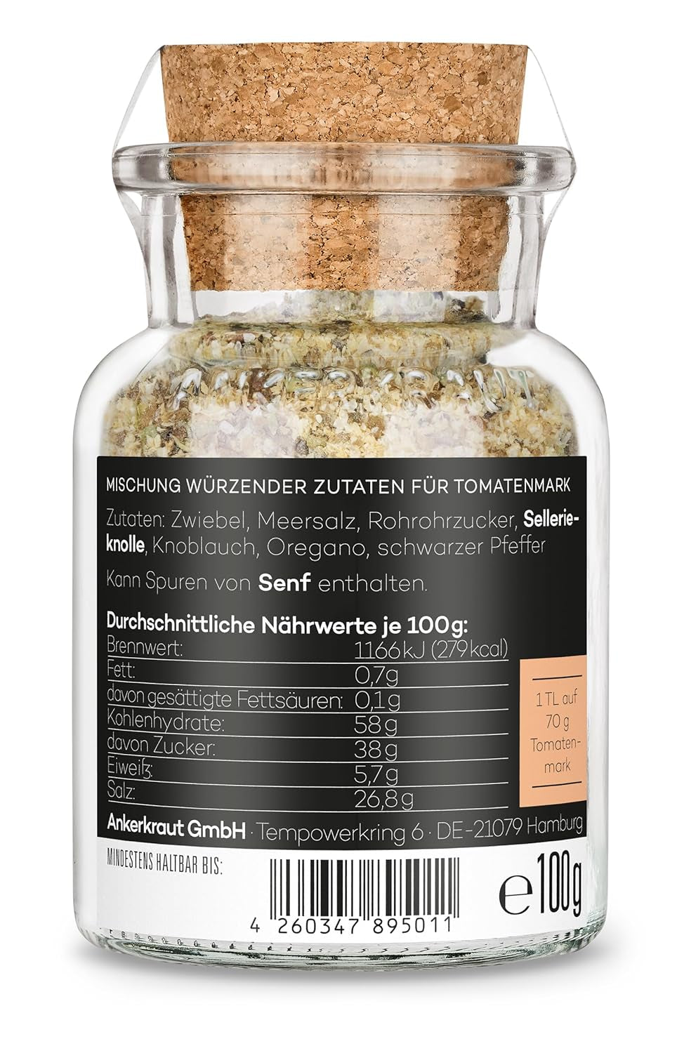 Ankerkraut Tomatensaucen, na těstoviny, špagety, tortellini und Klassiker aus Italien, Lecker zu Hause cochen, Mischung würzender Ingredient für Tomatenmark, 100 g v korkovém skle