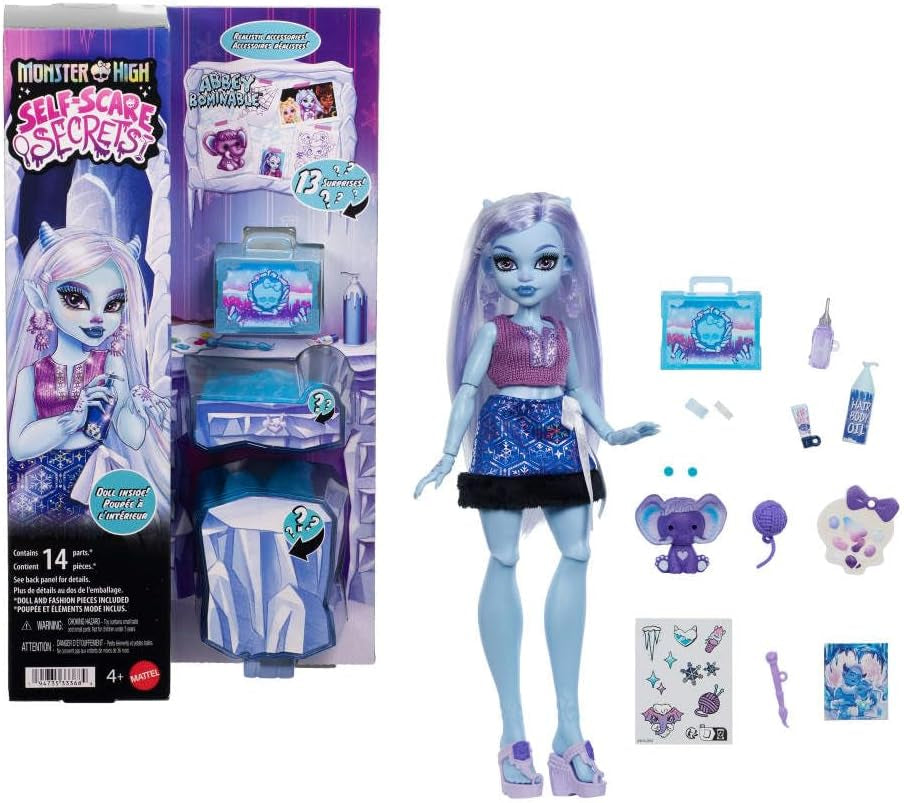 Păpușă Monster High Self-Scare Secrets Abbey Bombinable și set de accesorii cu 13 surprize realiste, cum ar fi henna, desene și croșetat, JHK44