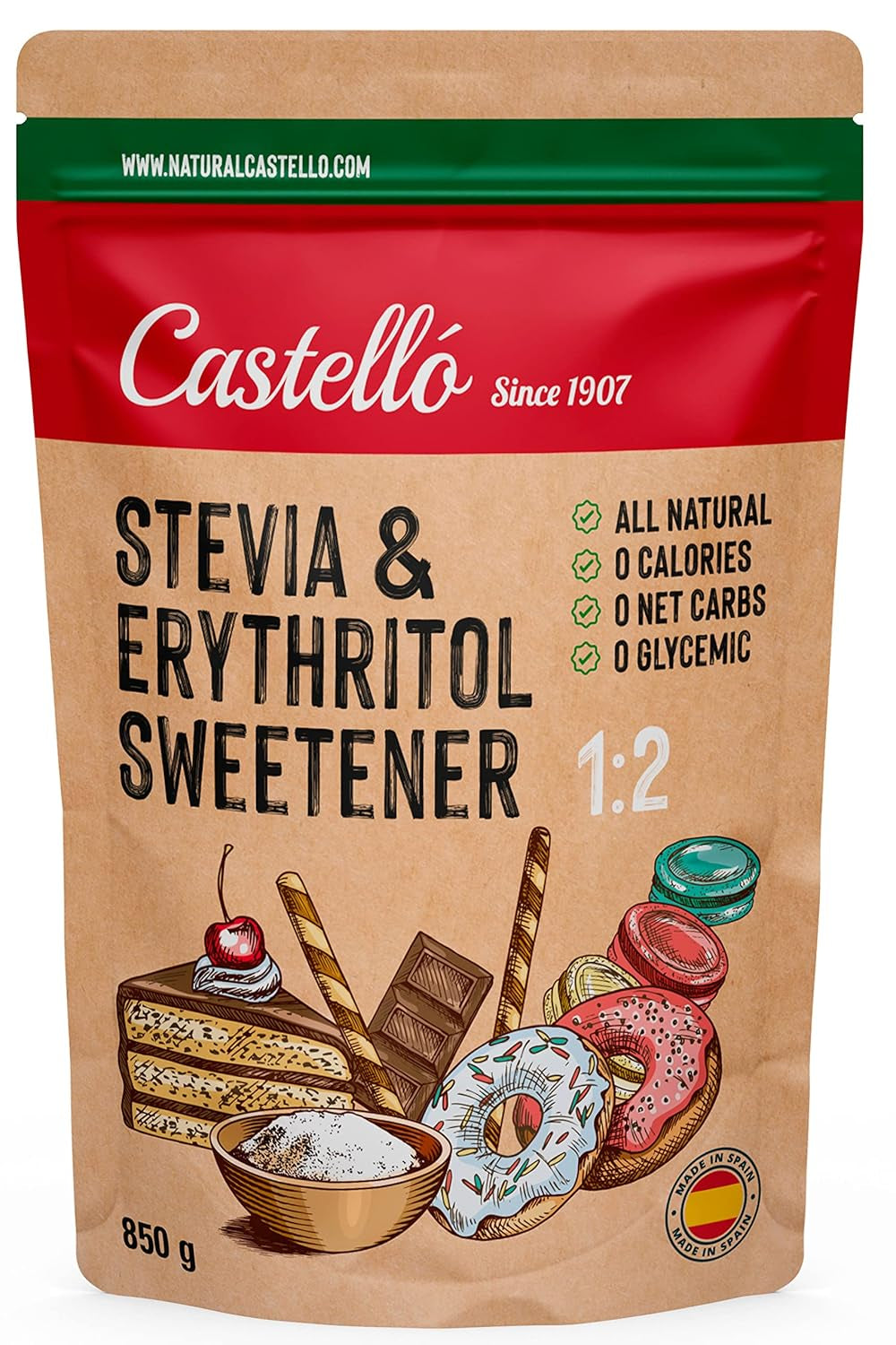 Stévie + Erythritol 1:2 Süßstoff | 1G = 2G Zucker | 100% Natürlicher Zuckerersatz - 0 Kalorie - 0 Glykämischer Index - Keto Und Paleo - 0 Netto-Kohlenhydrate - Kein GVO - Castello od roku 1907 - 850 G Sladidla Naty Shop Výchozí název