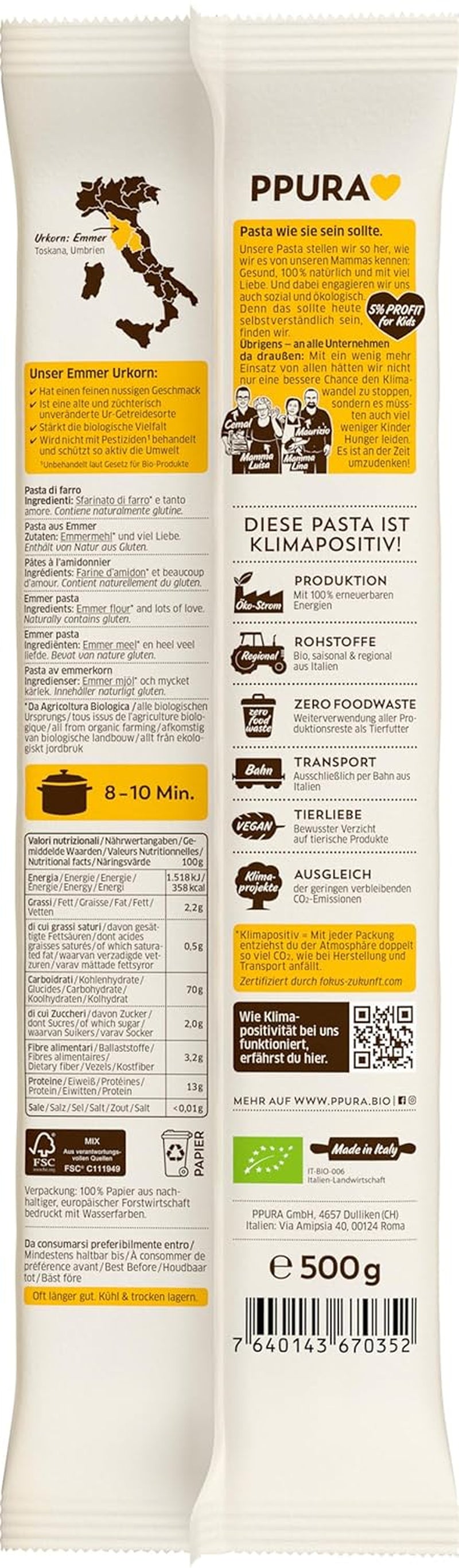 PPURA Bio špagety s Emmerem 500g, 100% přírodní emmer špagety, vyrobené v Itálii - italské těstoviny bez přísad, barviv a konzervantů
