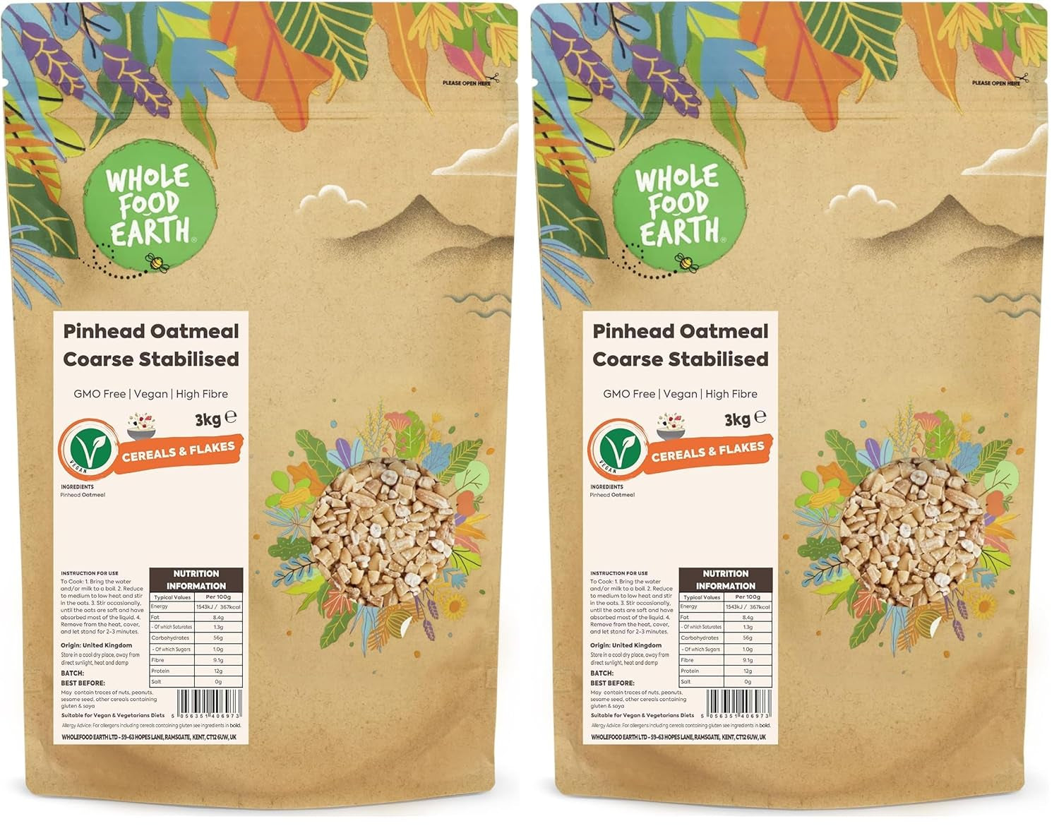 Wholefood Earth Pinhead Ovesné vločky hrubé stabilizované 3kg | Bez GMO | Bohaté na vlákninu
