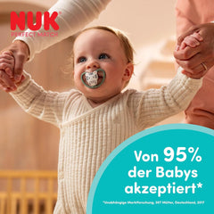 Suzete NUK Perfect Match Air pentru bebeluși | 6-18 luni | Suzete ortodontice care promovează circulația aerului și previn erupțiile cutanate cauzate de salivație | Acceptare 95% de către bebeluși** | Zebră/Leu | Pachet de 2