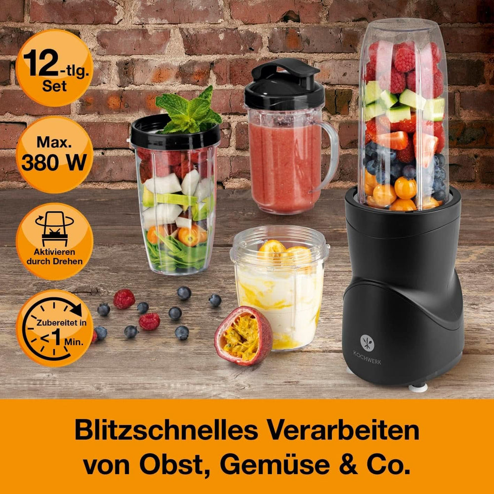 Smoothie Maker 12-Tlg | To-Go Deckel & 4 Mixbehälter | Für Obst, Gemüse & Nüsse | Myth Ice-Crush Funktion | Mini-Standmixer Zum Mixen, Rühren, Zerkleinern, Mahlen, Hacken & Pürieren | Kuchyně Naty Shop bez BPA