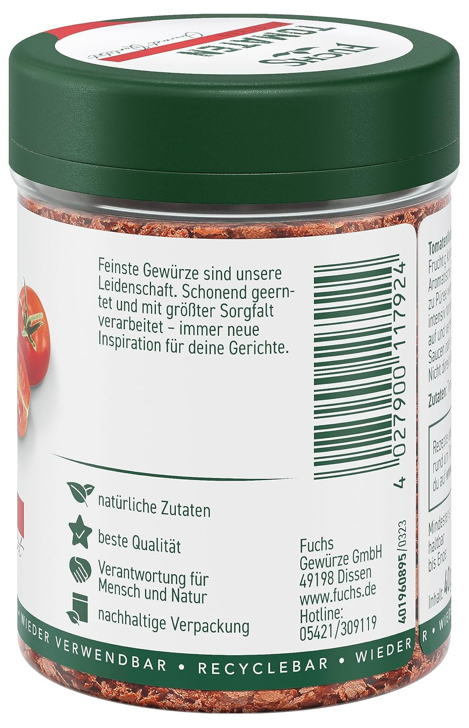 Fuchs Gewürze - Tomaten Flocken - Gewürz für Ofenfeta nebo tomatigen Geschmack in Saucen - přírodní ingredience - 40 g v wiederverwendbarer, recyclebarer Dávka