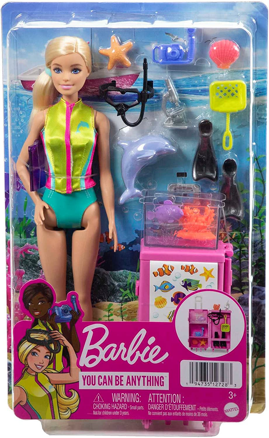 Barbie You Can Be Anything Serie, Meeresbiologin, 1x Puppe mit blonden Haaren, Badeanzug, Delphin, Accessoires, Geschenk für Kinder, Spielzeug ab 3 Jahre,HMH26