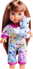 Pijama Simba Evi Love, 3 culori asortate, livrat doar un articol, păpușă în pijama drăguță cu jucărie de pluș unicorn, păpușă de joacă 12 cm, vârste 3+