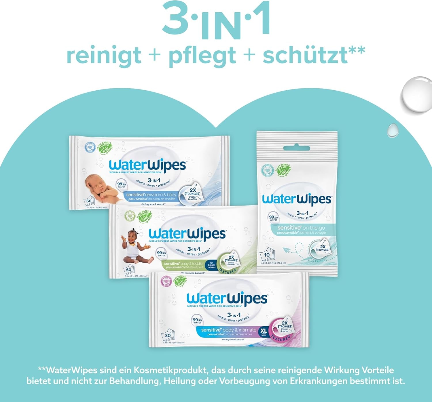 Vlhčené ubrousky WaterWipes Sensitive+ On The Go, 100 ubrousků (10 balení), 3 v 1 čistí, pečuje, chrání, 99,9 % vody, ubrousky bez parfemace