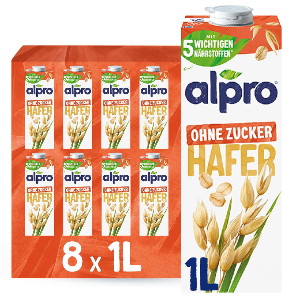 Alpro Haferdrink ohne Zucker – Milchalternative auf Haferbasis – Vegan und Lactosefrei – Bohaté na balastní látky, vápník a vitamíny – 8 x 1 l