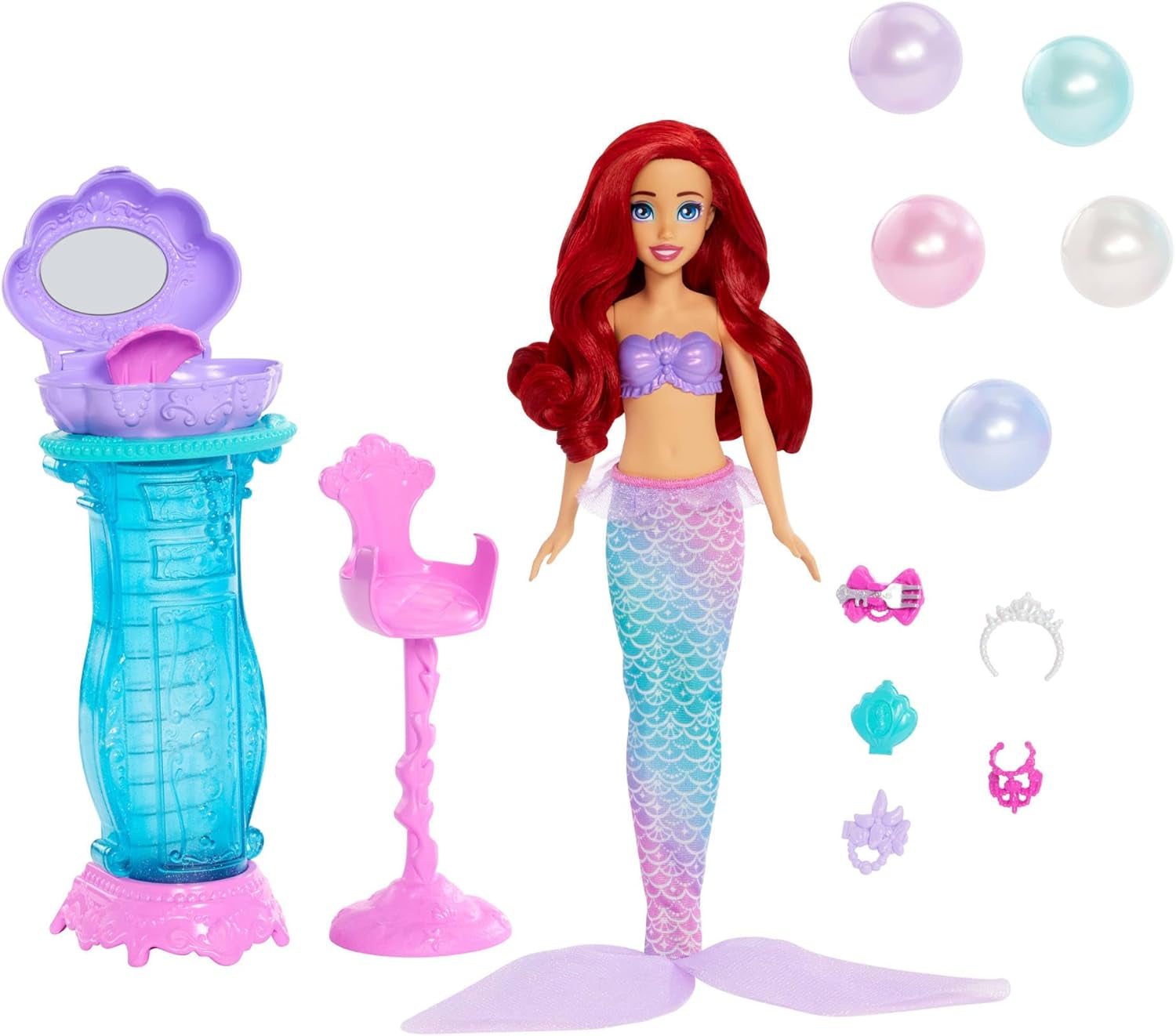 Mattel Disney Princess Toys, Make-up Shell Mermaid Panenka Arielle Fashion s odnímatelným ocasem, Makeup Table s 5 opakovatelnými vyskakovacími překvapeními a 5 doplňky, JBF86 Naty Shop Dolls