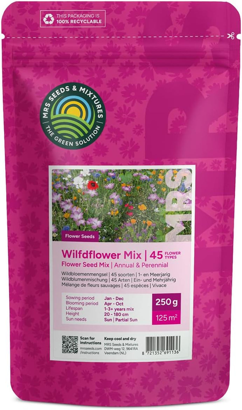 Bunte Insektenfreundliche Wildblumensamen Mischung - 250 Gramm Für 125 M² - Einjährige & Mehrjährige Blumenmischung - Für Wildbienen, Hummeln & Schmetterlinge - Schnelle Aussaat - MRS Seeds