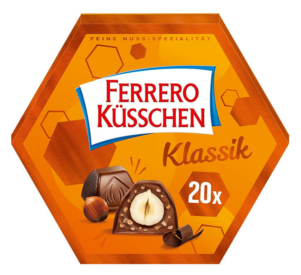 Ferrero Küsschen White Crispy - Valentýnský dárek pro něj a pro ni - Křupavé pražené lískové oříšky ve světlém krému s křupavými lupínky, pokryté bílou čokoládou, 1 balení 20 kusů jednotlivých pralinek