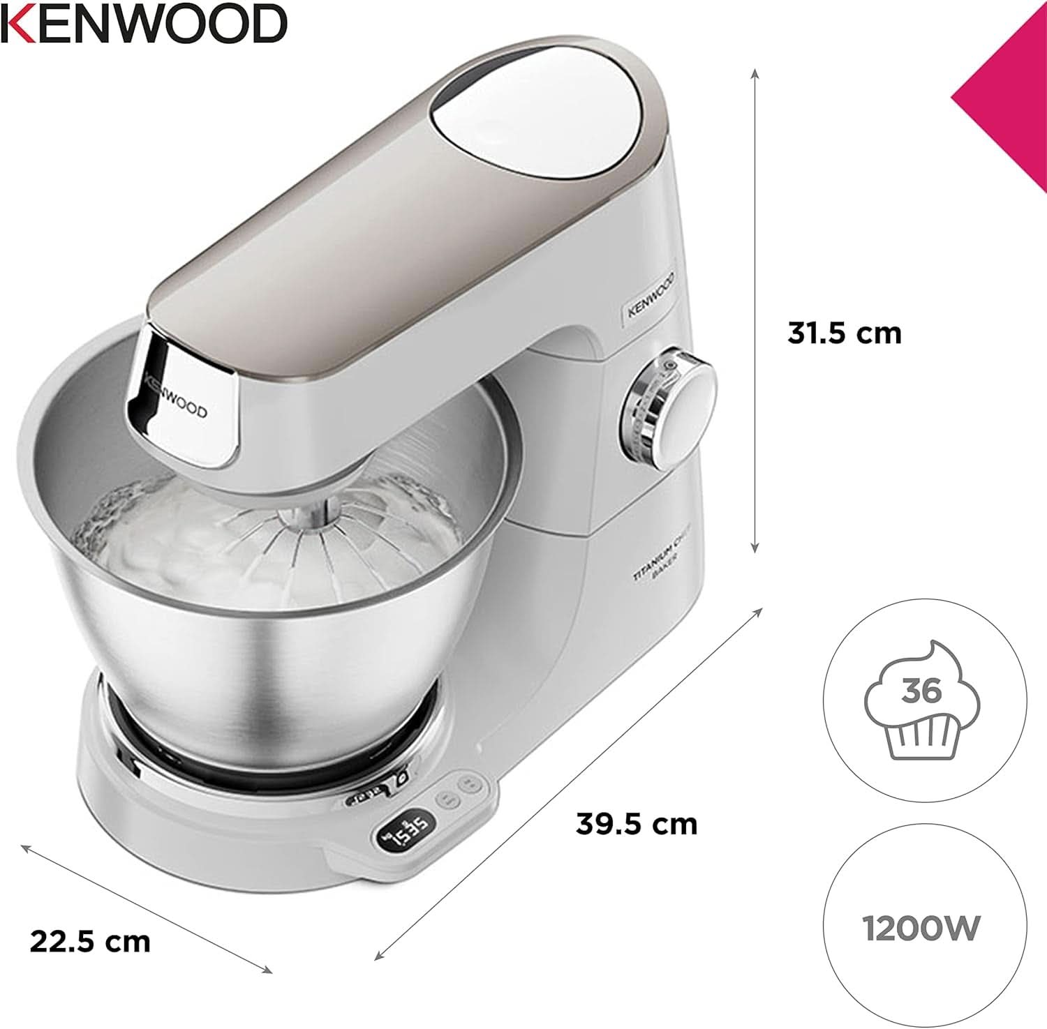 Kenwood Titanium Chef Baker KVC65.001WH, Küchenmaschine Mit Integrierter Waage, 1200 Watt, Inkl. Sada 3 cukrářských výrobků Teiligem, špachtle a sprej, Weiß Matka a dítě Naty Shop