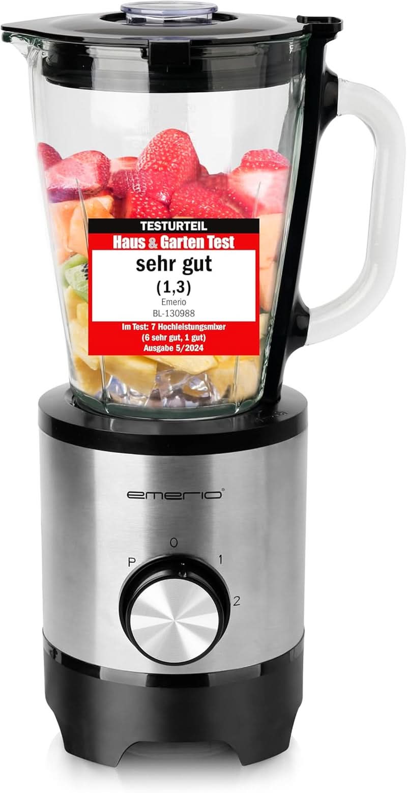 Emerio Standmixer BPA Frei Crush Ice Funktion 1.5L Behälter 2 Geschwindigkeiten + Pulse Funktion Messereinheit Aus Edelstahl Sicherheitsschalter Geschirrspülgeeignet 500 Watt BL-12816.8 Schwarzp Silhouette Naty Shop
