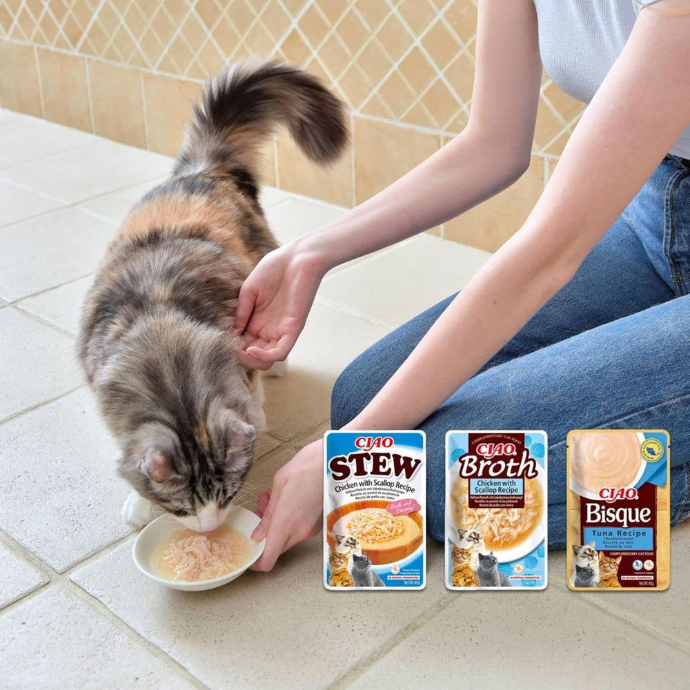 INABA Ciao Broth Hrană umedă pentru pisici 88% umiditate și vitamina E, supă premium pentru pisici cu pui 40g (pachet de 12), carne 100% naturală, fără cereale, fără zahăr