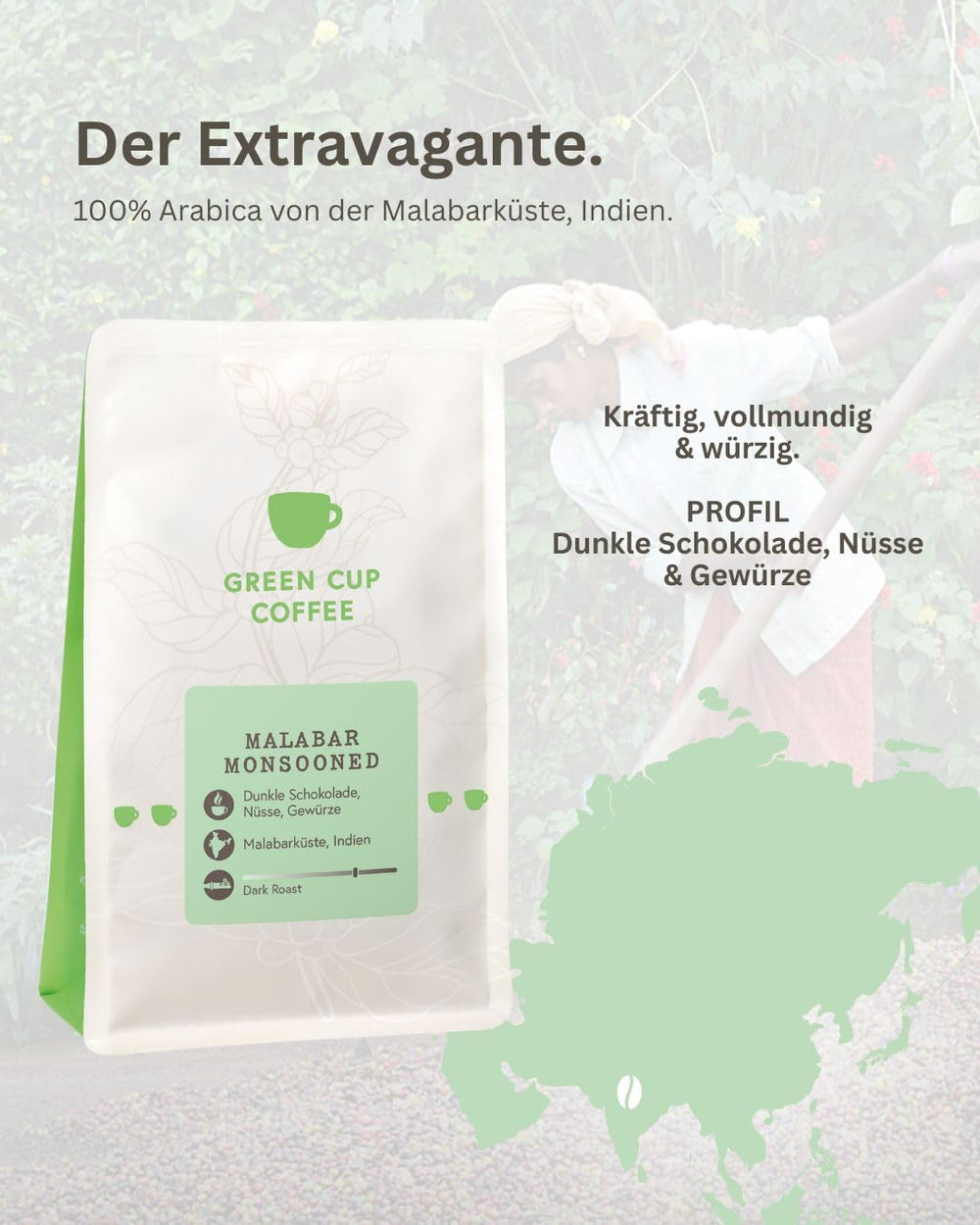 Coffee - Malabar Monsoon I 100% Arabica I Kaffeebohnen 1kg I Ideal für Moka kanne, Siebträger & Vollautomat mit schokoladig, nussigen Aromen I dunkle Röstung