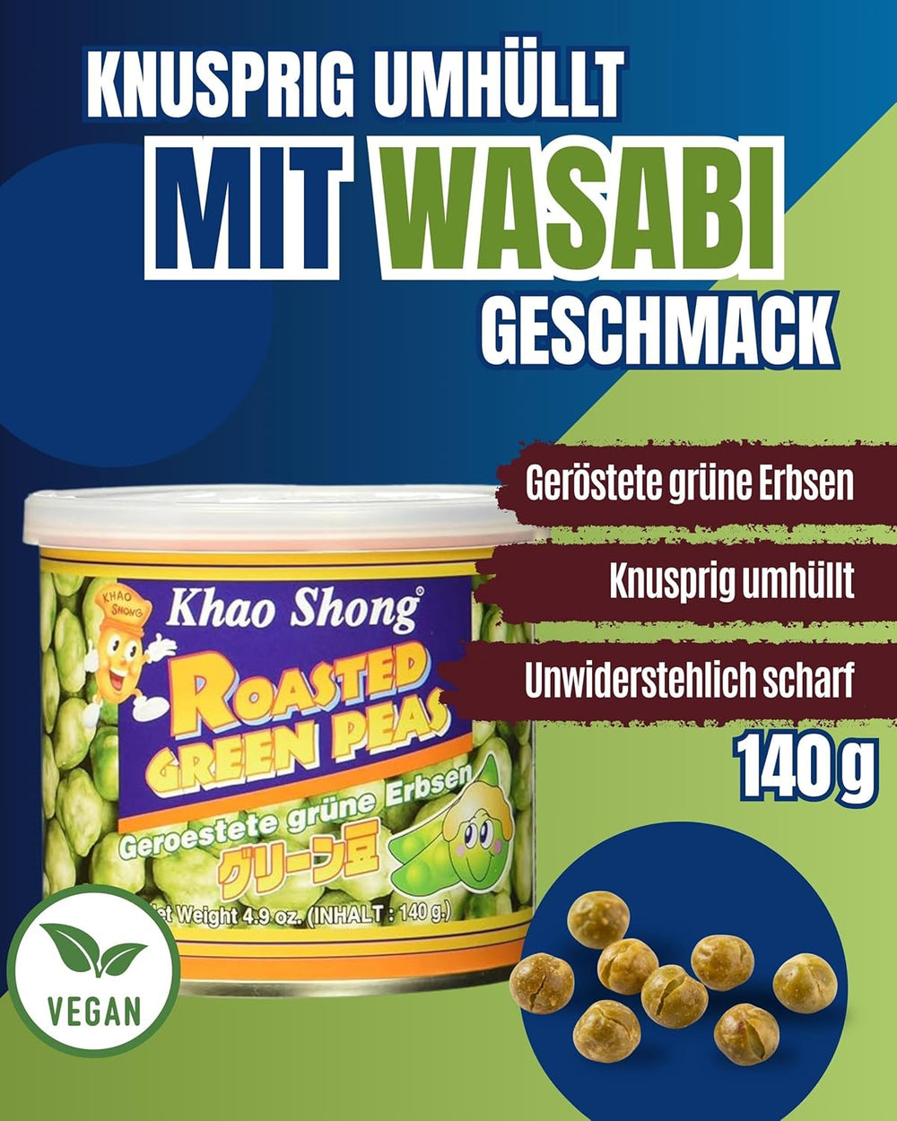 Khao Shong smažený zelený hrášek s wasabi, křupavý hrášek v pikantním těstíčku, nízkotučná alternativa k ořechům, středně pikantní, 1 plechovka 140 g | 140 g (1 balení)