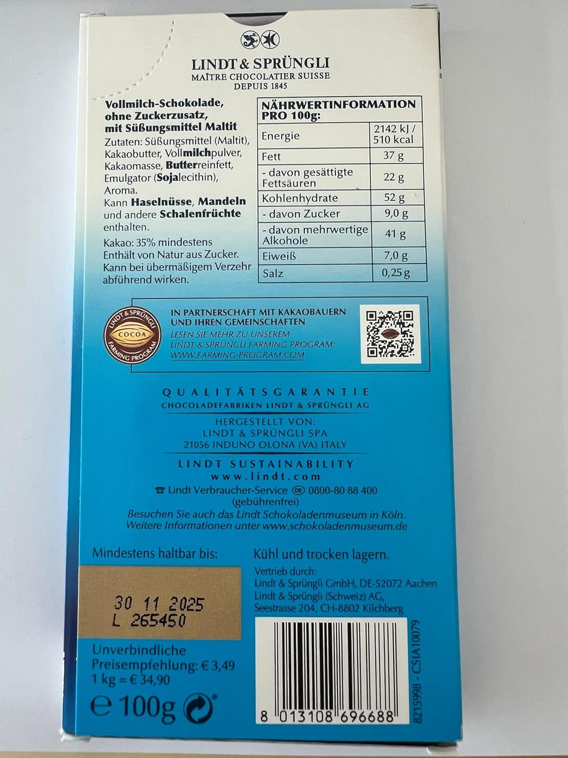 Mléčná čokoláda Lindt bez přidaného cukru | Tyčinka 100g | Nejlepší a bez lepku | Čokoládový dárek