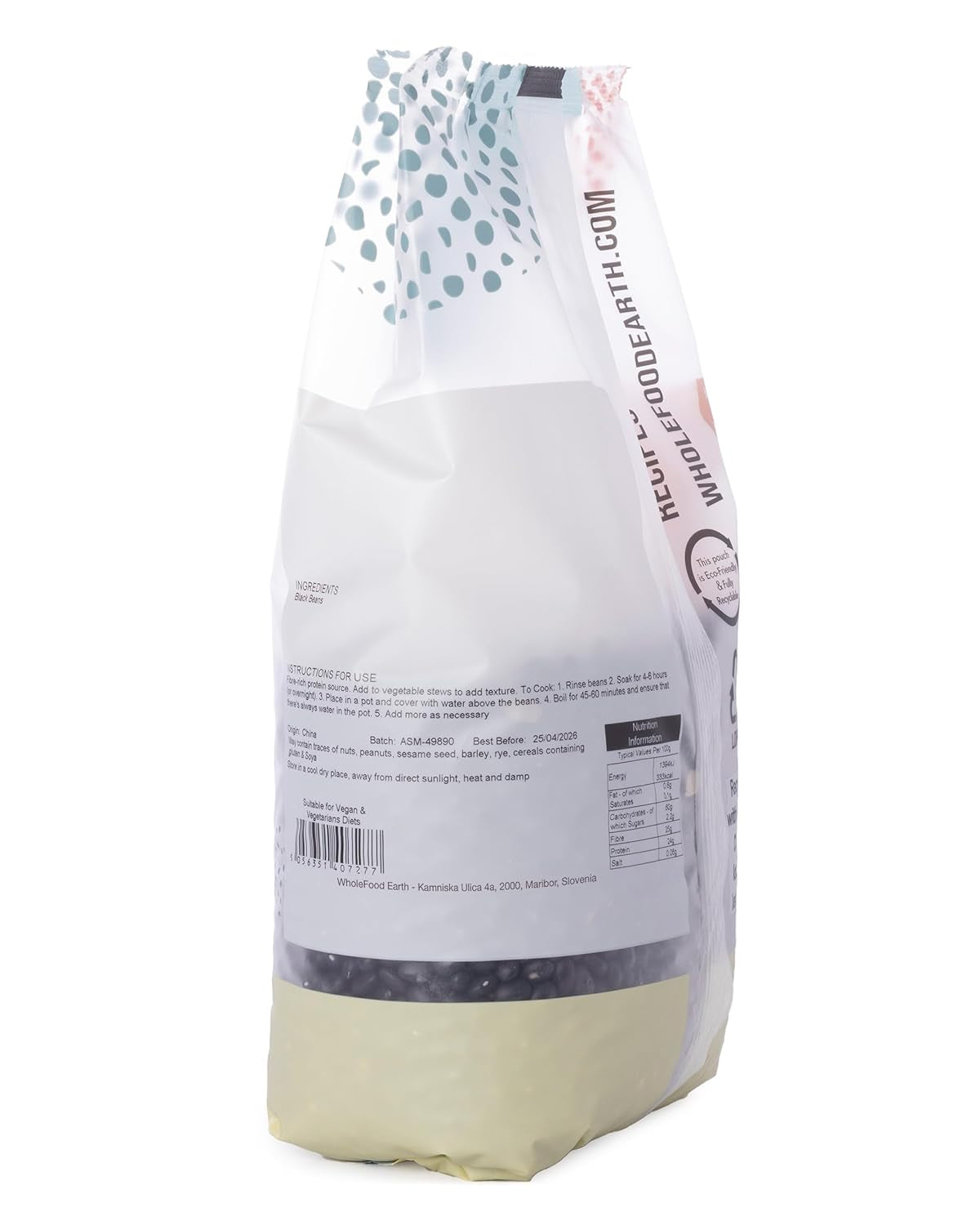 Černé fazole Wholefood Earth 1 kg non-GMO Natural s vysokým obsahem vlákniny s vysokým obsahem bílkovin