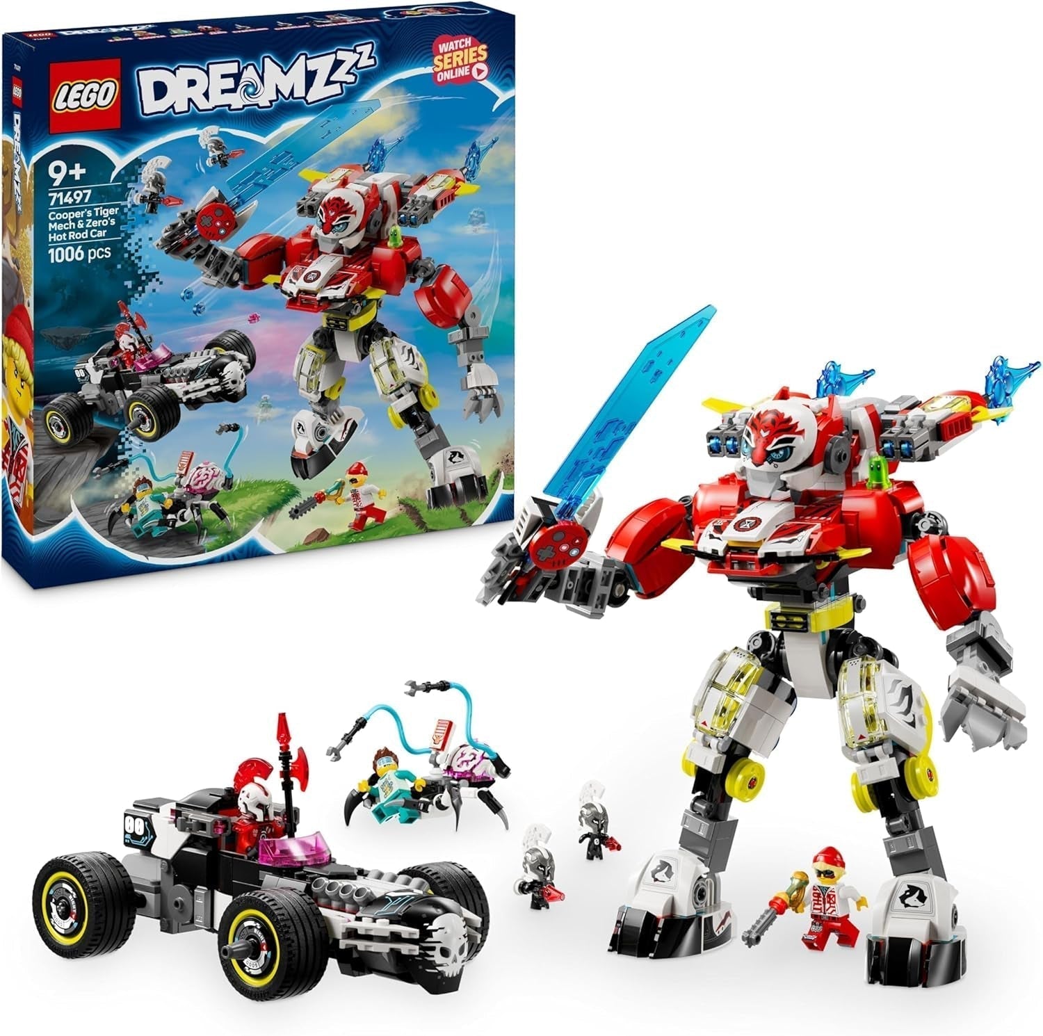 Autíčko LEGO Dreamzzz Cooper's Tiger Mech a Zero'S Hot Rod pro děti 9leté chlapce a dívky Dárek 2v1 Mech a minifigurka Hrací sada 71497 Stavebnice Besuche den LEGO-Store Výchozí název
