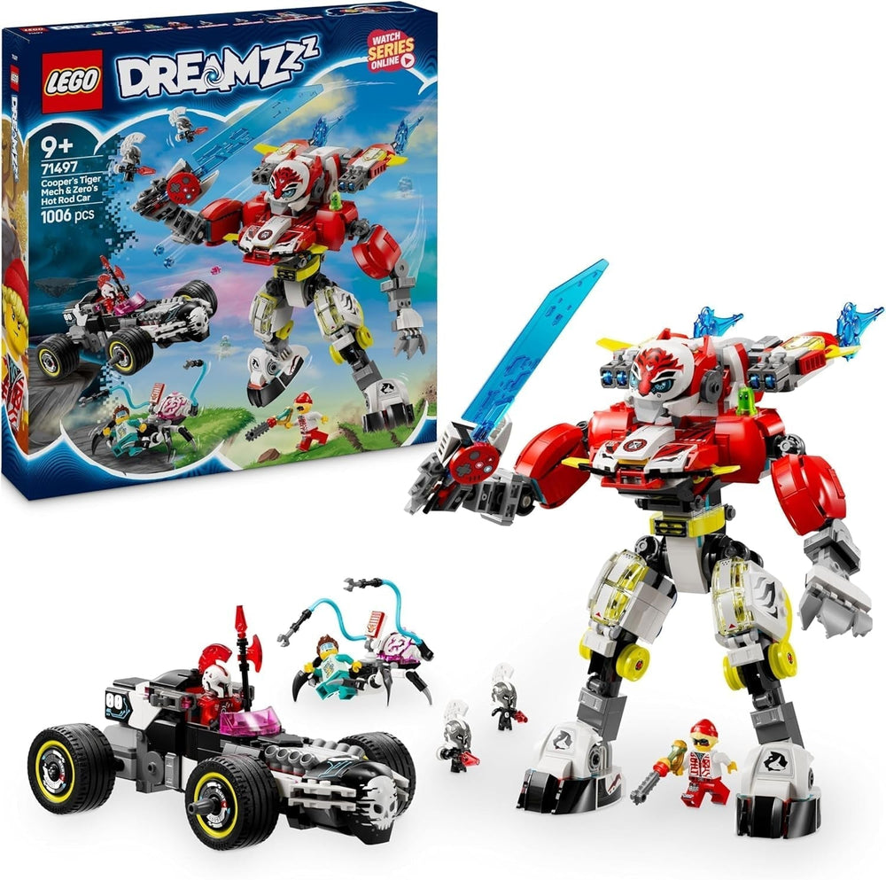 Autíčko LEGO Dreamzzz Cooper's Tiger Mech a Zero'S Hot Rod pro děti 9leté chlapce a dívky Dárek 2v1 Mech a minifigurka Hrací sada 71497 Stavebnice Besuche den LEGO-Store Výchozí název