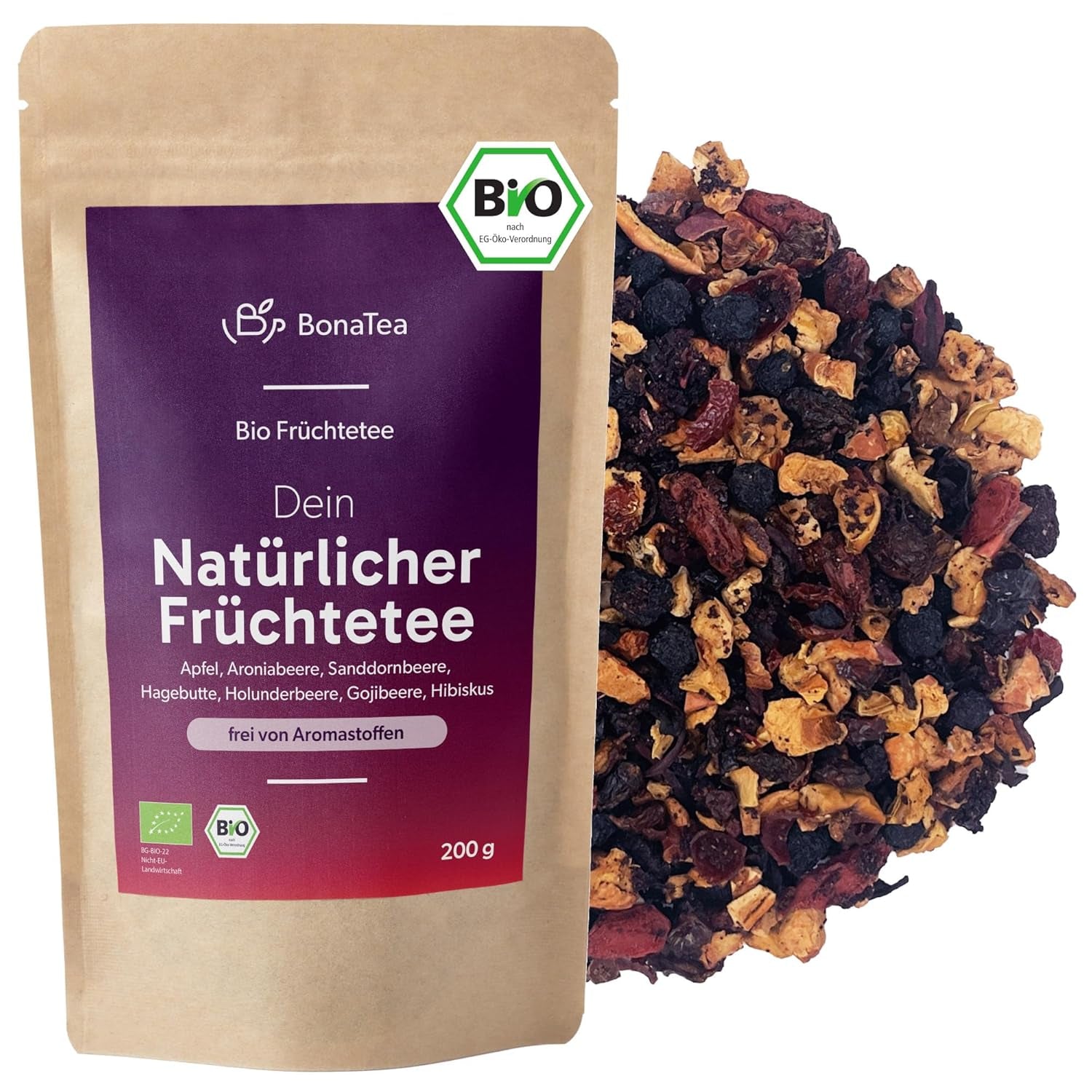 Ceai natural din fructe BIO vrac, fără arome, delicat și natural, cu fructe de cătină, fructe de soc și fructe de aronia, 200 g
