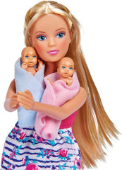 Simba 105733333 - Steffi Love Welcome Twins, Schwangere Puppe, mit Zwillingen, mit Wickeltisch und Badewanne, Zubehör, Ankleidepuppe, 29cm, für Kinder ab 3 Jahren