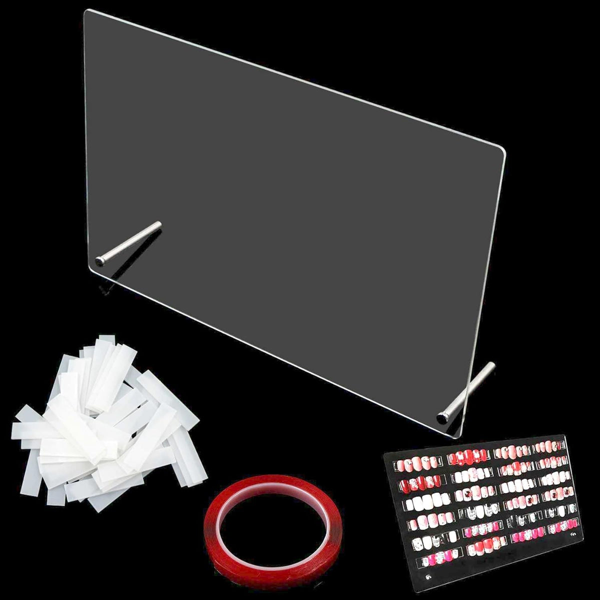 Panou din sticlă acrilică pentru prezentarea unghiilor cu benzi de afișare și nano-adeziv, expoziție de vârfuri de unghii, card transparent de culori pentru nail art, afișaj nail art, afișaj pentru exerciții de unghii (transparent)