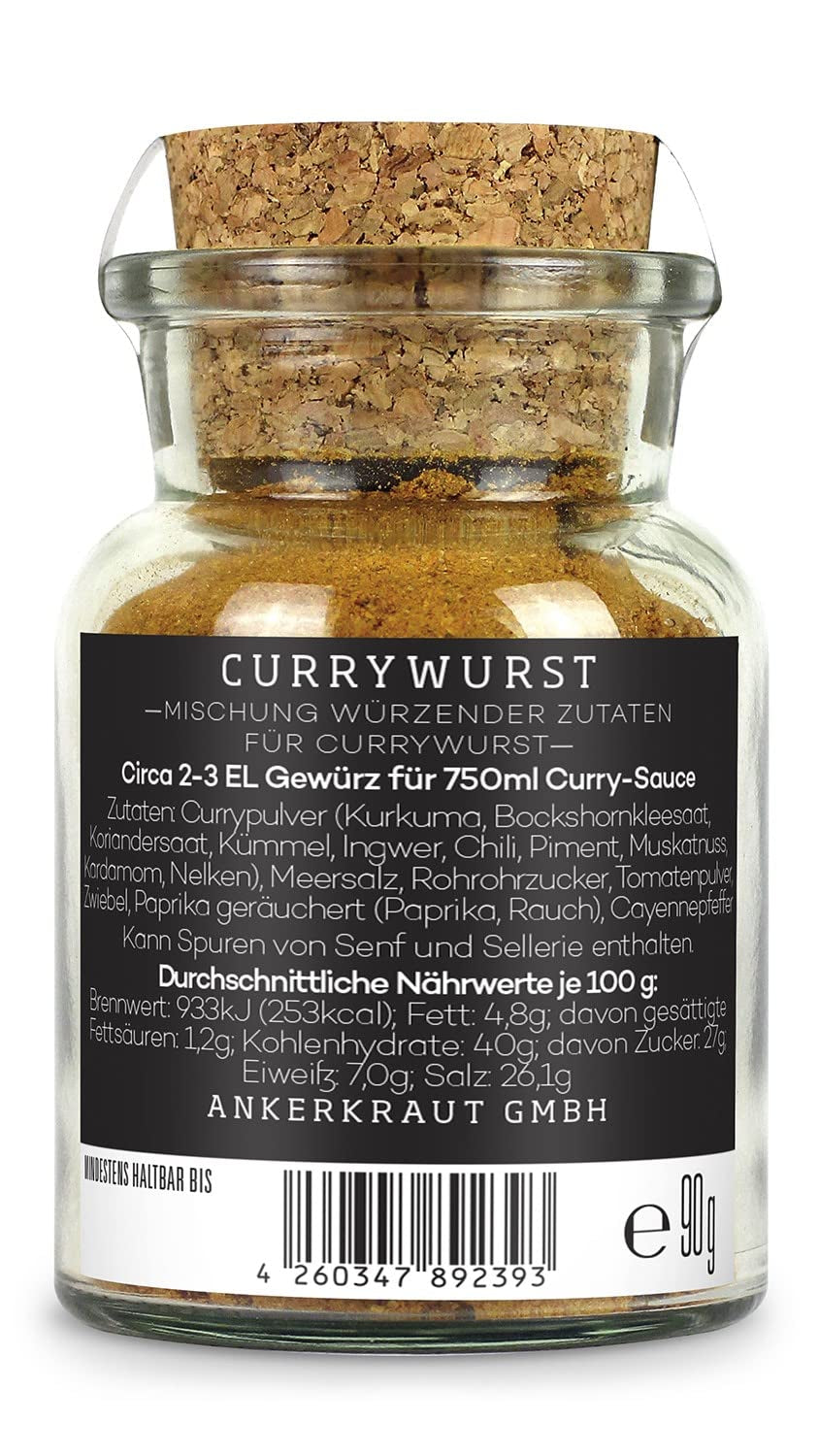 Ankerkraut Currywurst, 90g v korkovém skle, Gewürzmischung zum Anmischen selbstgemachter Currywurst-omáčka nebo topping