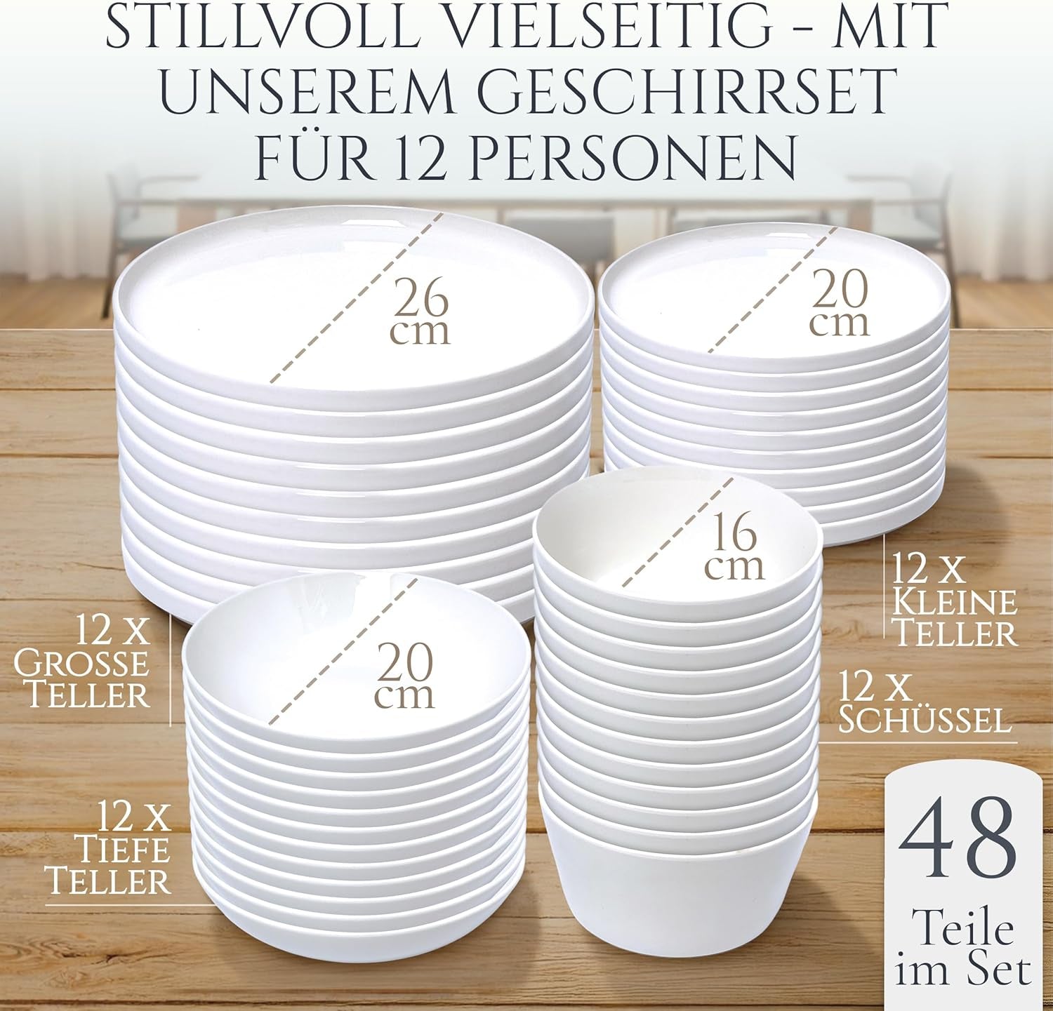 Set de veselă din porțelan pentru 12 persoane, Crystal 48 de piese, CÂȘTIGĂTOR AL TESTULUI, Set de veselă din porțelan transparent, set de boluri și farfurii, serviciu de cină pentru 12 persoane, Seturi de veselă Pure Living în alb