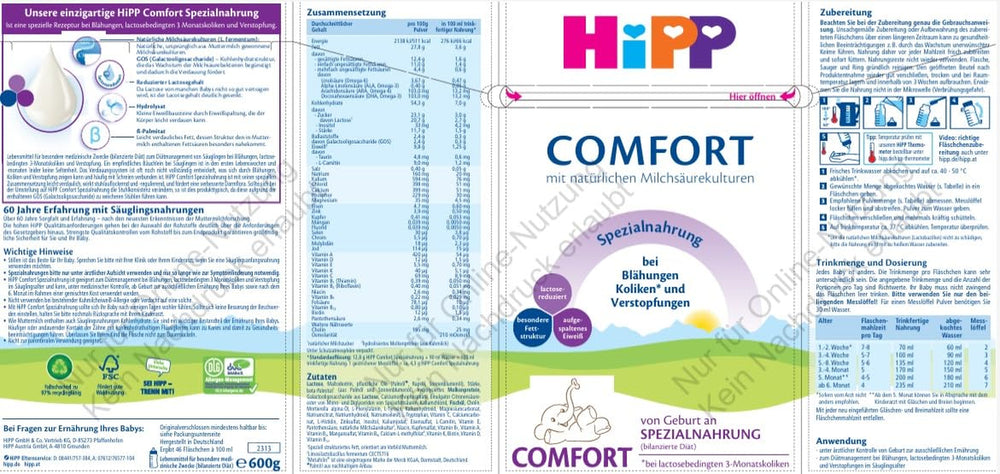 Speciální složení HiPP Comfort (4 x 600 g), od narození, se sníženým obsahem laktózy, pro dietní zvládání koliky, nadýmání a zácpy